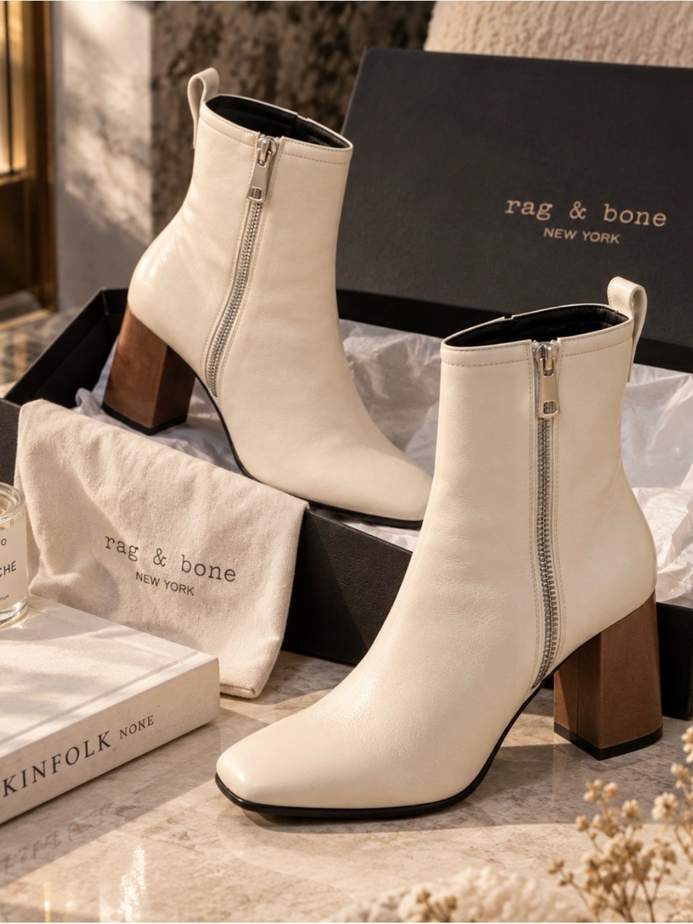 rag & bone Cream lamb Leather Block Heel Ankle Boots with Brown Heel